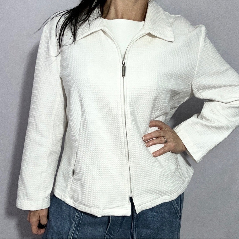 Requirements Women White Textured Waffle Zip-Up Jacket  Top Size‎ 16